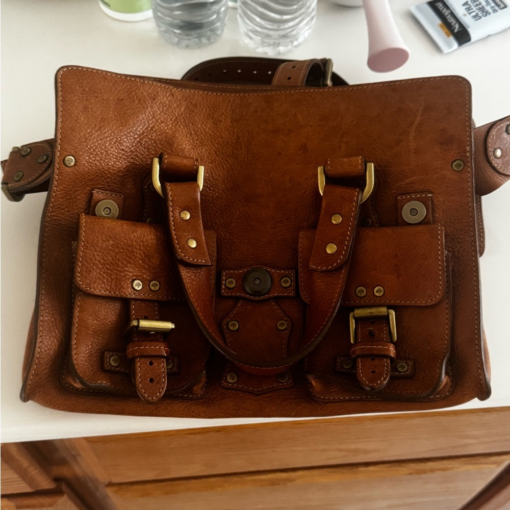 Mulberry Tan/Cognac Leather Satchel with Brass Hardware